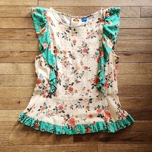 Farm Rio x Anthropologie Floral Print Top with Cream and Green Accents